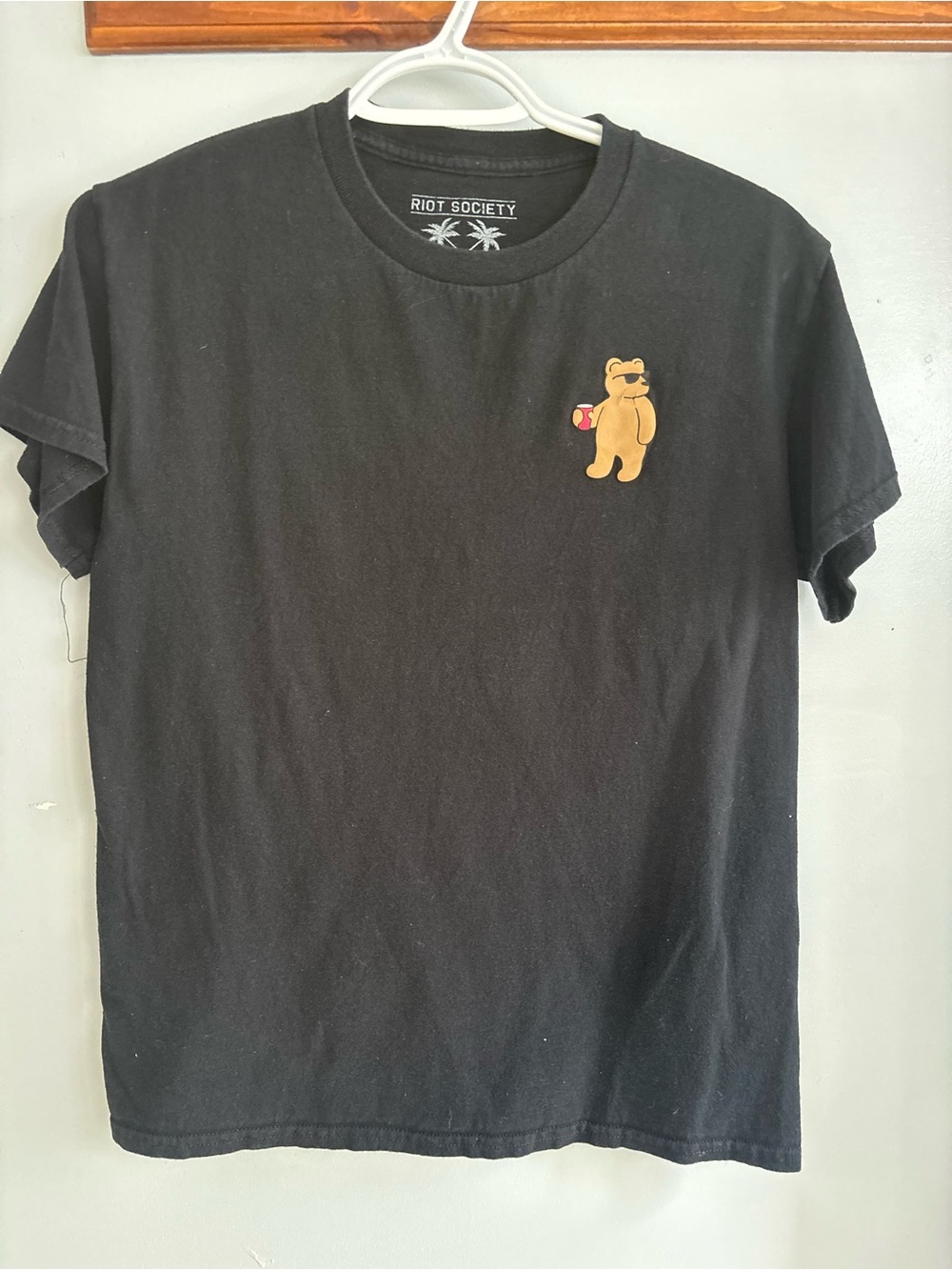 Riot Society Black Tee with Gold Bear Holding drink